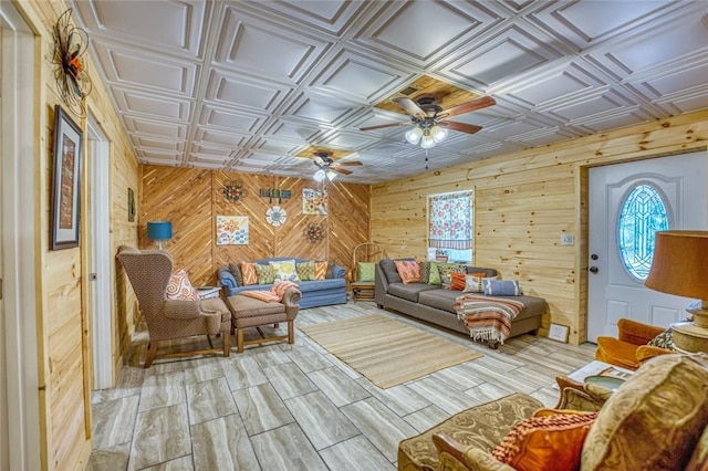 living room featuring ceiling fan