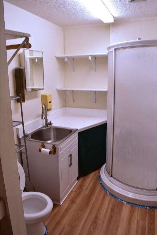 bathroom with vanity, wood-type flooring, a textured ceiling, and walk in shower