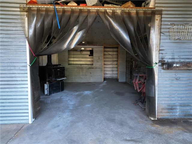 garage featuring a wood stove