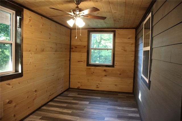 spare room featuring wood ceiling, dark hardwood / wood-style floors, wooden walls, and ceiling fan