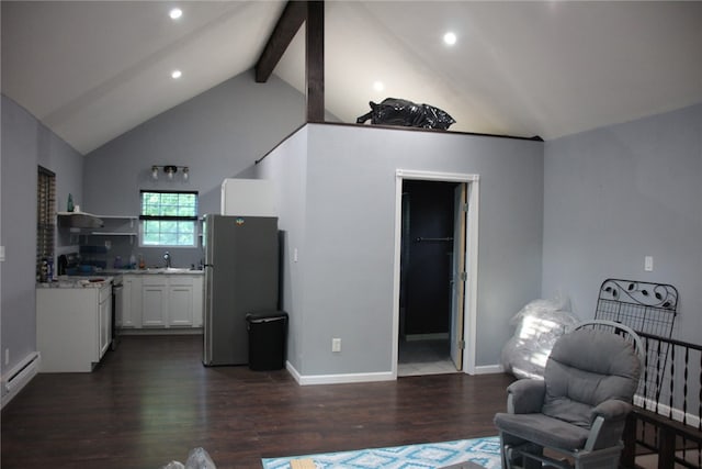 living room featuring dark hardwood / wood-style floors, beamed ceiling, a baseboard heating unit, sink, and high vaulted ceiling