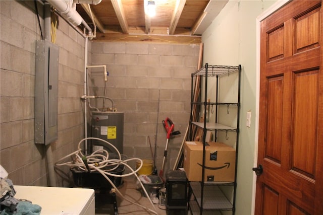 storage room with water heater and electric panel