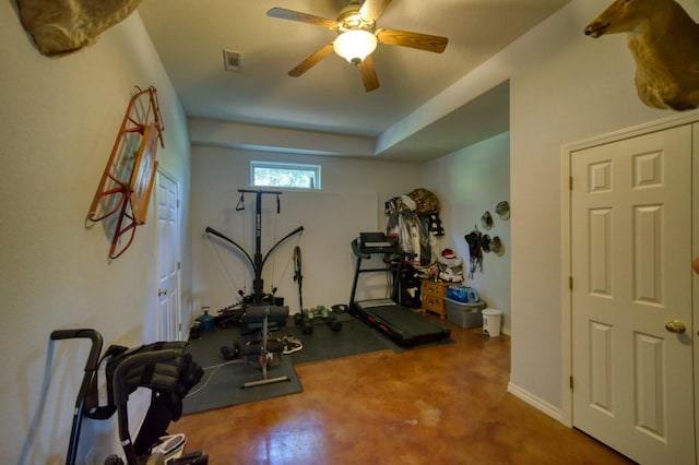 workout room featuring ceiling fan