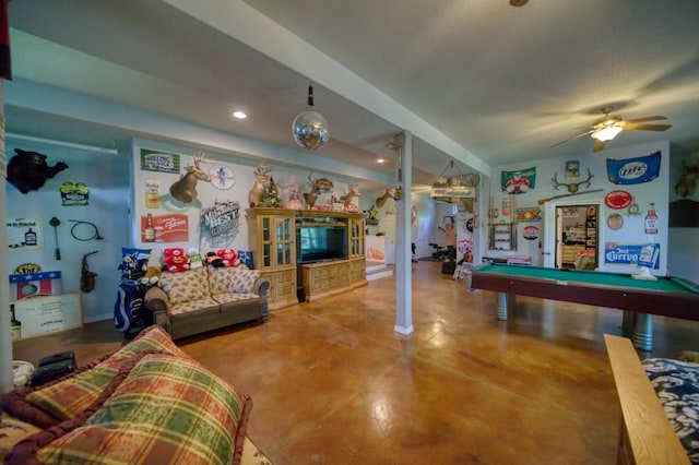 recreation room featuring concrete floors, ceiling fan, and billiards