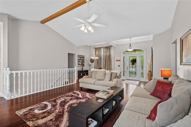 living room with dark hardwood / wood-style floors, ceiling fan, beam ceiling, and high vaulted ceiling