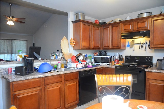 kitchen with sink, ceiling fan, lofted ceiling, and black appliances