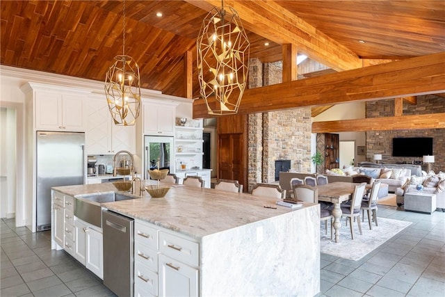 kitchen with white cabinets, appliances with stainless steel finishes, wood ceiling, and an island with sink