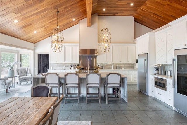 kitchen with backsplash, white cabinetry, stainless steel appliances, and wood ceiling