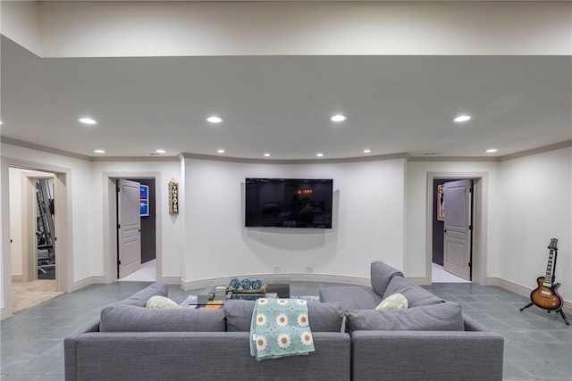 living room featuring crown molding