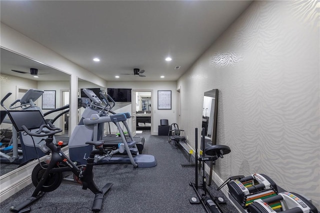 exercise room with ceiling fan