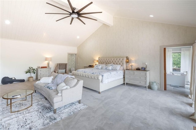 unfurnished bedroom with ceiling fan, light carpet, and vaulted ceiling with beams