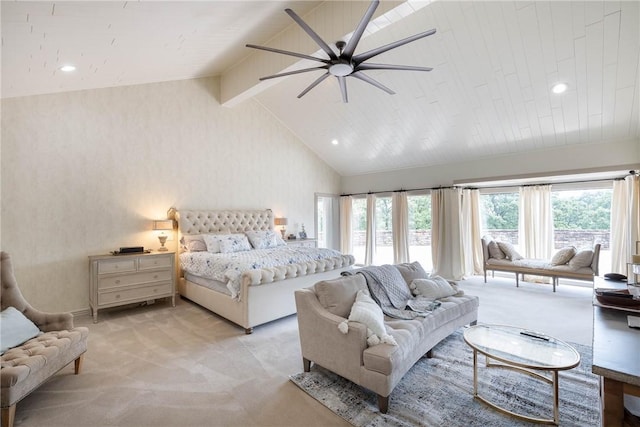 carpeted bedroom featuring ceiling fan, beam ceiling, high vaulted ceiling, and multiple windows