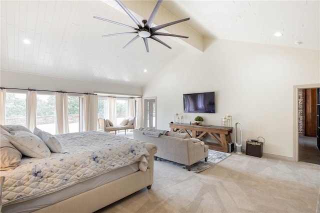 bedroom featuring ceiling fan, light colored carpet, high vaulted ceiling, and beam ceiling