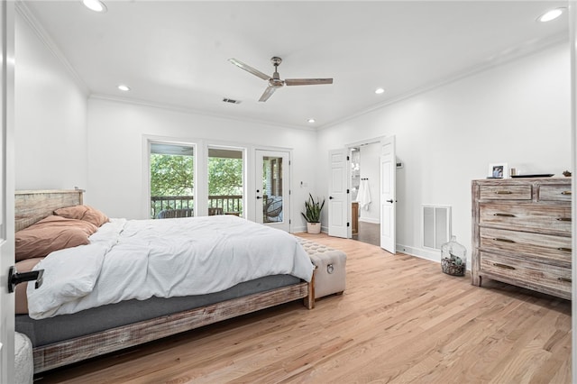 bedroom with ornamental molding, access to exterior, recessed lighting, wood finished floors, and baseboards