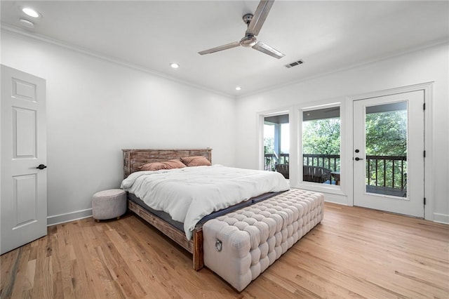 bedroom with crown molding, access to outside, light wood finished floors, recessed lighting, and baseboards