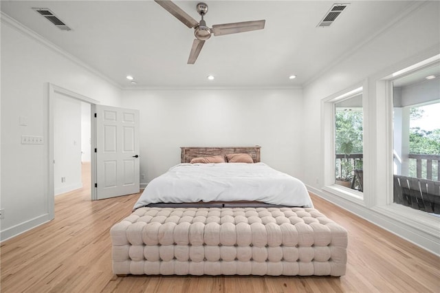 bedroom featuring ornamental molding, light wood finished floors, recessed lighting, baseboards, and ceiling fan