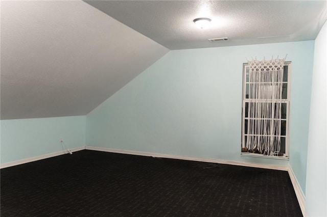 additional living space featuring carpet, a textured ceiling, and lofted ceiling