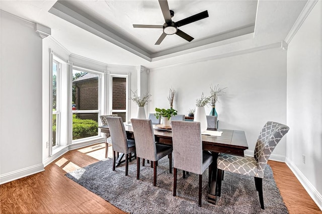 dining area featuring a raised ceiling, baseboards, ceiling fan, and wood finished floors