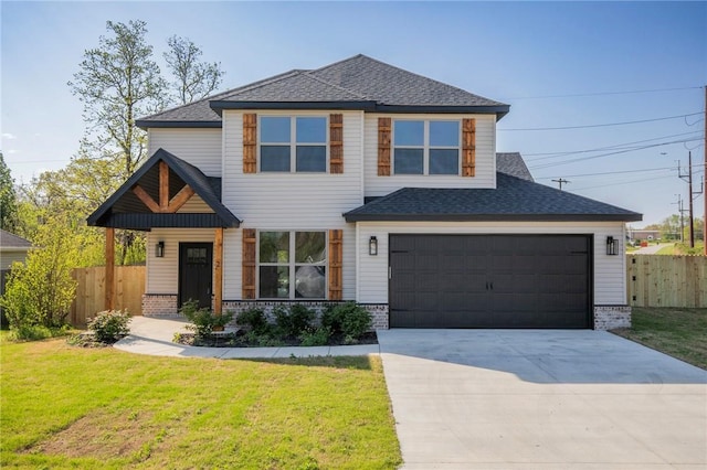 view of front of home with concrete driveway, fence, a shingled roof, and a front lawn