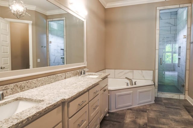 bathroom featuring a chandelier, shower with separate bathtub, vanity, and ornamental molding