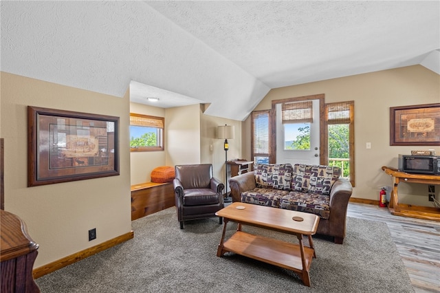 living room with vaulted ceiling, hardwood / wood-style floors, and a textured ceiling