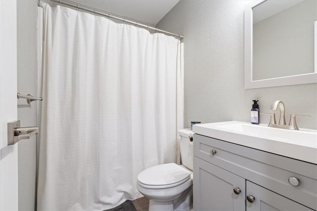 bathroom featuring toilet, vanity, and curtained shower