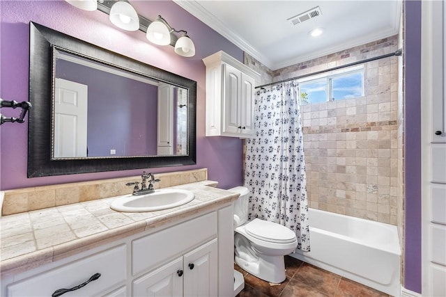 full bathroom with tile patterned floors, vanity, shower / bath combo with shower curtain, crown molding, and toilet