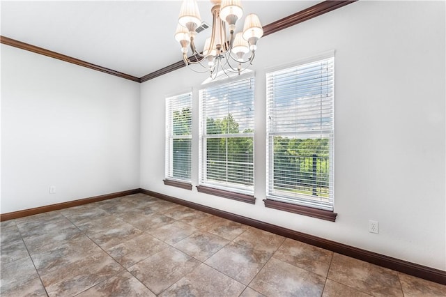 empty room featuring a healthy amount of sunlight, a chandelier, and ornamental molding