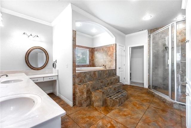 bathroom featuring shower with separate bathtub, vanity, and ornamental molding