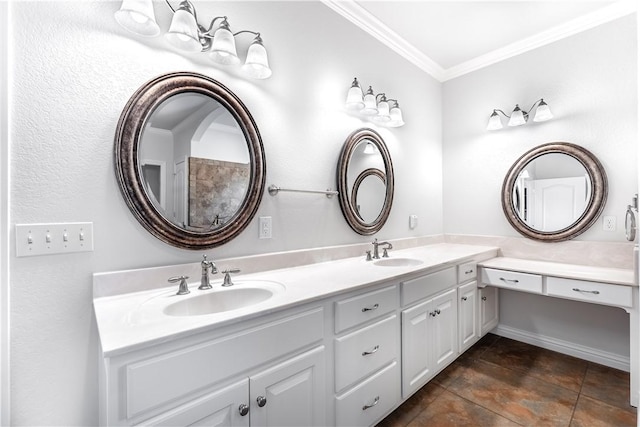 bathroom with vanity and ornamental molding