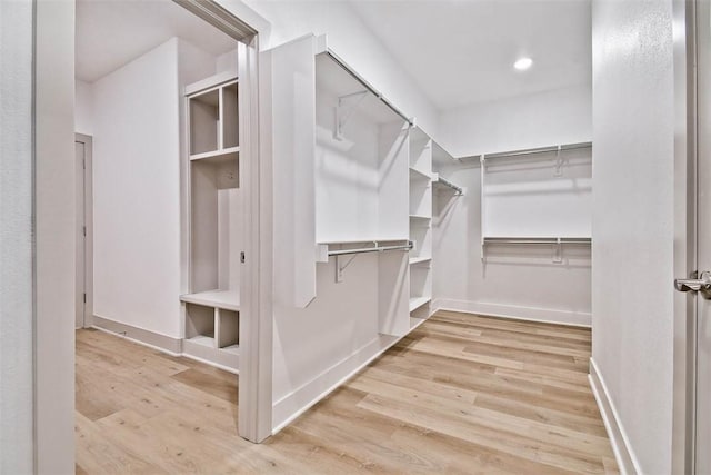 walk in closet with light hardwood / wood-style flooring