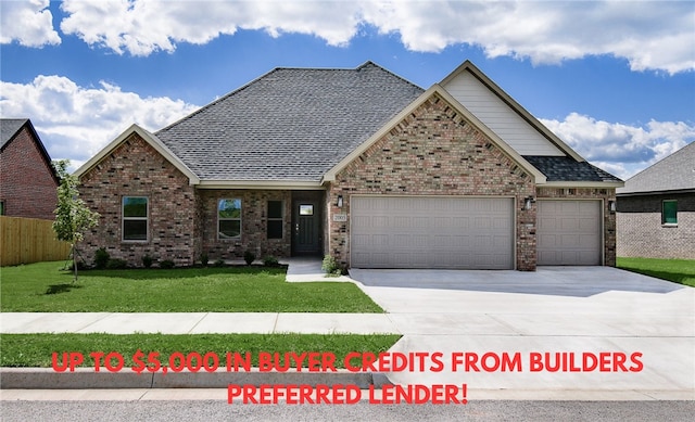 craftsman-style home with a garage and a front lawn