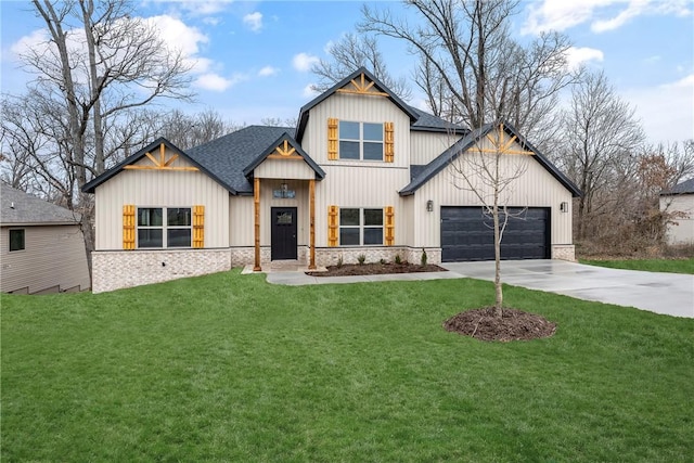 modern inspired farmhouse featuring a garage, concrete driveway, a shingled roof, and a front yard