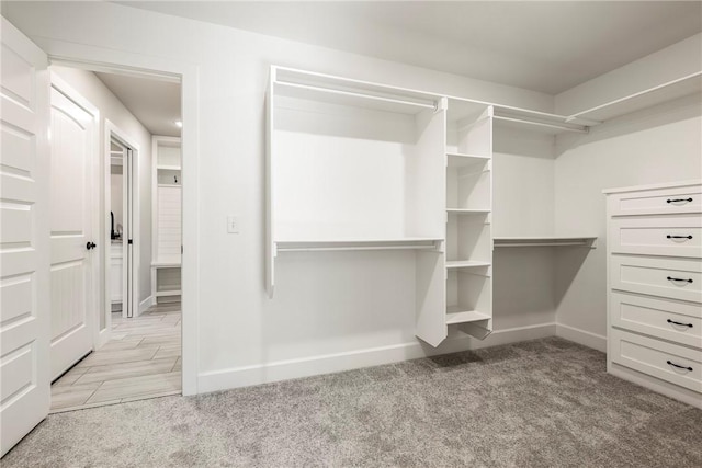 walk in closet with light carpet