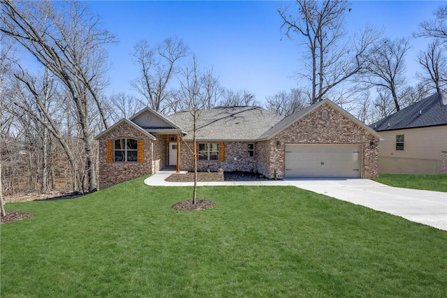 view of front of house featuring a garage, driveway, brick siding, and a front yard