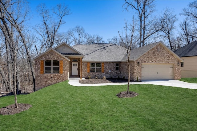 view of front facade with an attached garage, driveway, brick siding, and a front yard