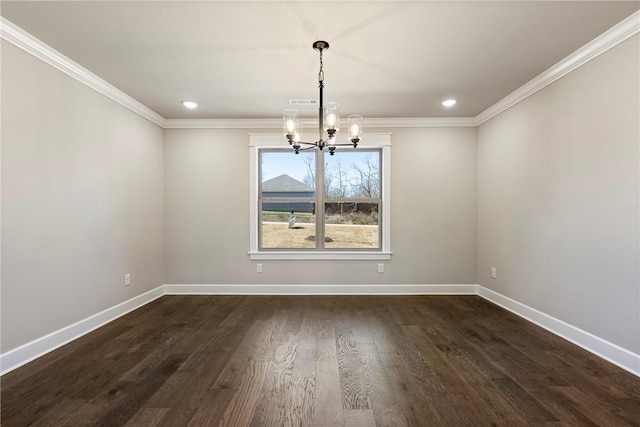 unfurnished dining area featuring an inviting chandelier, baseboards, dark wood-style flooring, and ornamental molding