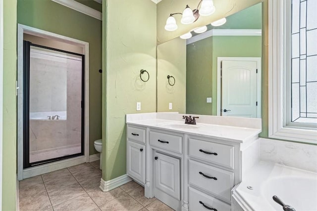 bathroom featuring tile patterned floors, crown molding, toilet, a bathtub, and vanity