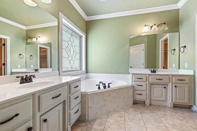 bathroom with vanity, tiled bath, tile patterned floors, and ornamental molding