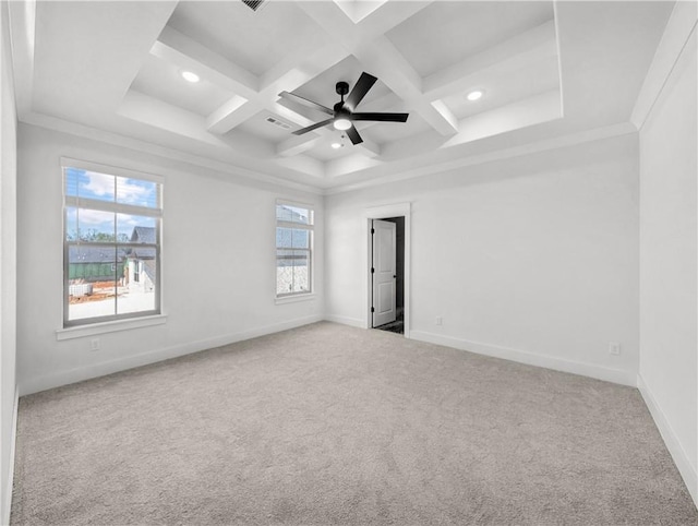 unfurnished bedroom featuring recessed lighting, beam ceiling, coffered ceiling, carpet, and baseboards