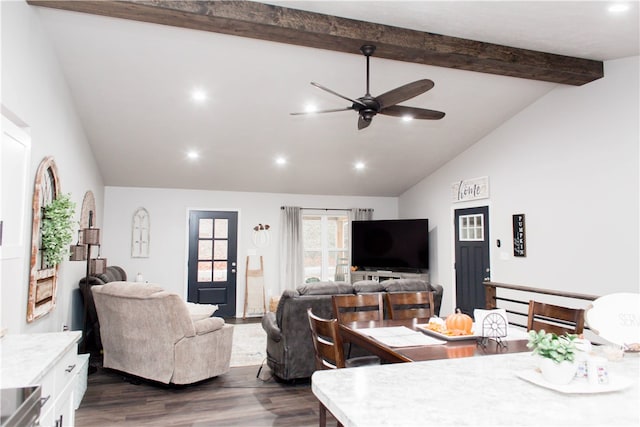 living room with beamed ceiling, ceiling fan, high vaulted ceiling, and dark wood-type flooring