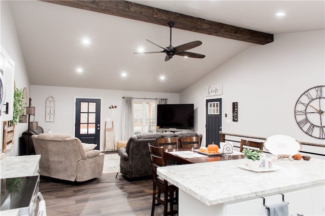 interior space featuring wood-type flooring, ceiling fan, high vaulted ceiling, beamed ceiling, and light stone countertops