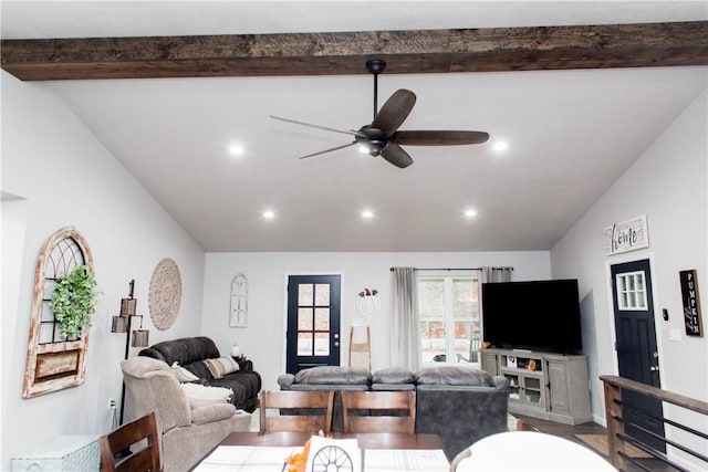 living area featuring a ceiling fan, recessed lighting, vaulted ceiling with beams, and wood finished floors