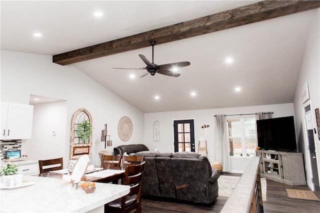 living area with dark wood-style floors, recessed lighting, lofted ceiling with beams, and a ceiling fan