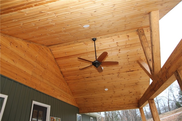 details with ceiling fan and wood ceiling