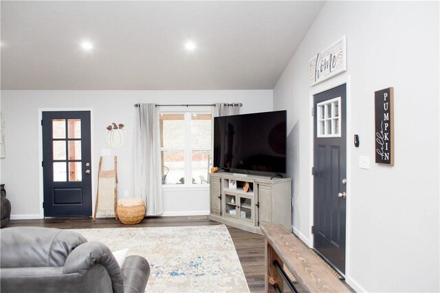 living room featuring vaulted ceiling and dark hardwood / wood-style flooring