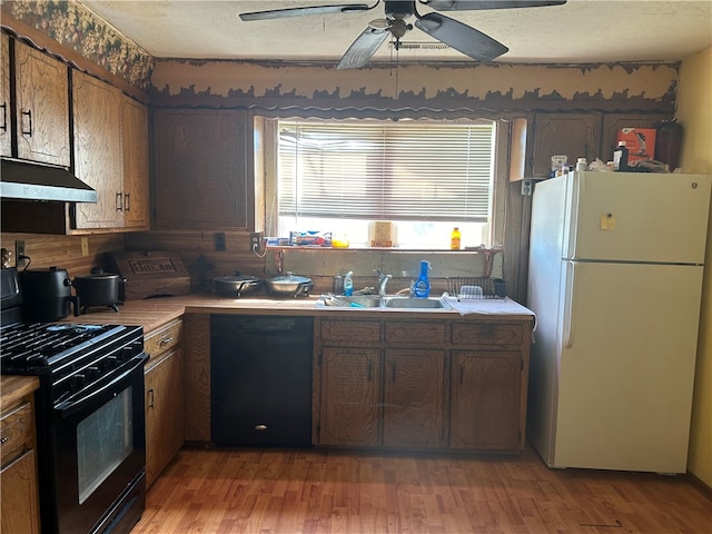 kitchen with black appliances, light hardwood / wood-style floors, sink, and extractor fan