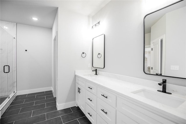 7843 Range Ave, Springdale, AR 72762 - bathroom featuring tile patterned floors, double vanity, a stall shower, baseboards, and recessed lighting