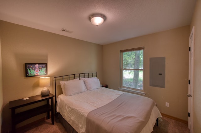 bedroom featuring carpet flooring and electric panel