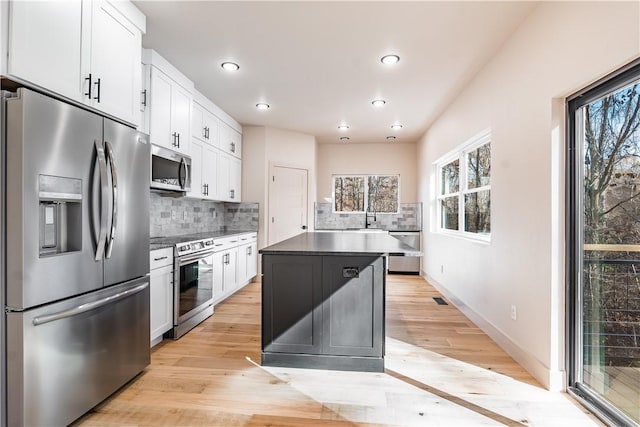 kitchen featuring appliances with stainless steel finishes, white cabinetry, backsplash, and light wood finished floors